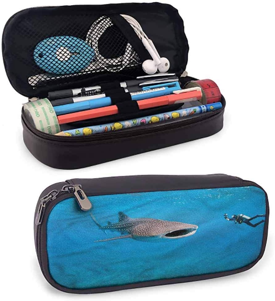 Shark PU Leather Small Pencil Pouch, Giant Fish Ocean Diving Smooth Zippers, Waterproof 8"x3.5'x1.5'