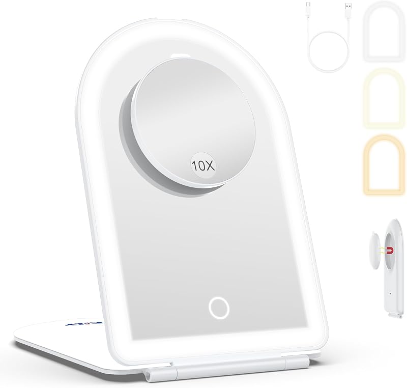 Schminkspiegel mit Beleuchtung, 10-Fach Vergrößerungsspiegel, Kosmetikspiegel mit LED Licht & Berührungssensor, Ultraheller Spiegel mit Beleuchtung für Bad, USB/Batteriebetrieb