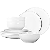 Anveena 4-Person Dinnerware Set, 12-Piece Plates &amp; Bowls Collection | White porcelain dish set, microwave safe, dishwasher safe and chip resistant, ideal for daily meals