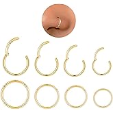 16G 18G Hypoallergenic 316L Surgical Steel Gold Hinged Clicker Segment Hoop - 8Pcs Nose Rings Septum Rings for Nose Cartilage Helix Daith Tragus Sleeper Earrings Lip Nipple Piercing Jewelry for Women Men (6mm 8mm 10mm 12mm)