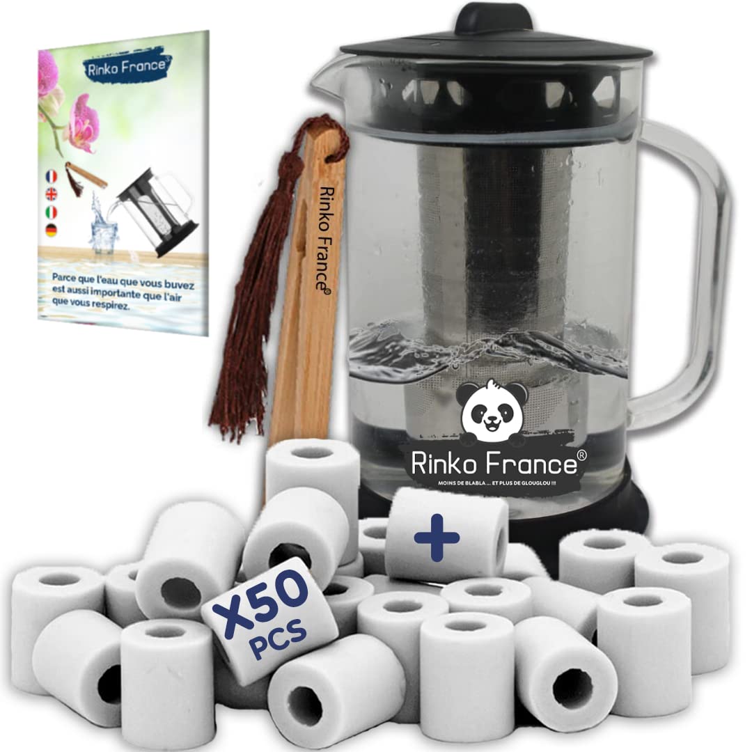 RINKO FRANCE Pack of 1.5 L Water Jug with 50 EM Ceramic Beads 100% Organic Natural Purification of Drinking Water with Bamboo Tongs and E-Book Included