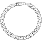 LeCalla Solid 925 Sterling Silver Curb Chain Bracelet for Men | Italian 6mm, 7mm Diamond Cut Cuban Link Curb Chain Bracelet (7.5, 8, 8.5 & 9 Inches), Made in Italy