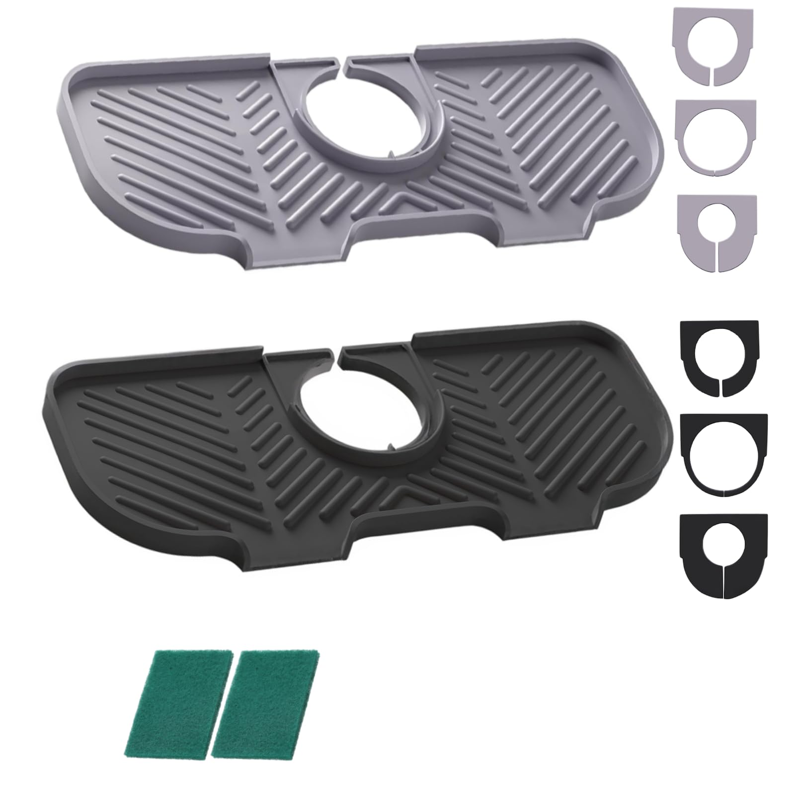 Photo 1 of 2 Pcs Silicone Faucet Splash Guard Faucet Mat for Kitchen Sink,Faucet Guard and Draining Mat,Kitchen Mat Catcher with 3 Sizes of Rubber Rings,6° Slope Sink Faucet Mat Splash Guard (Gray,Black)