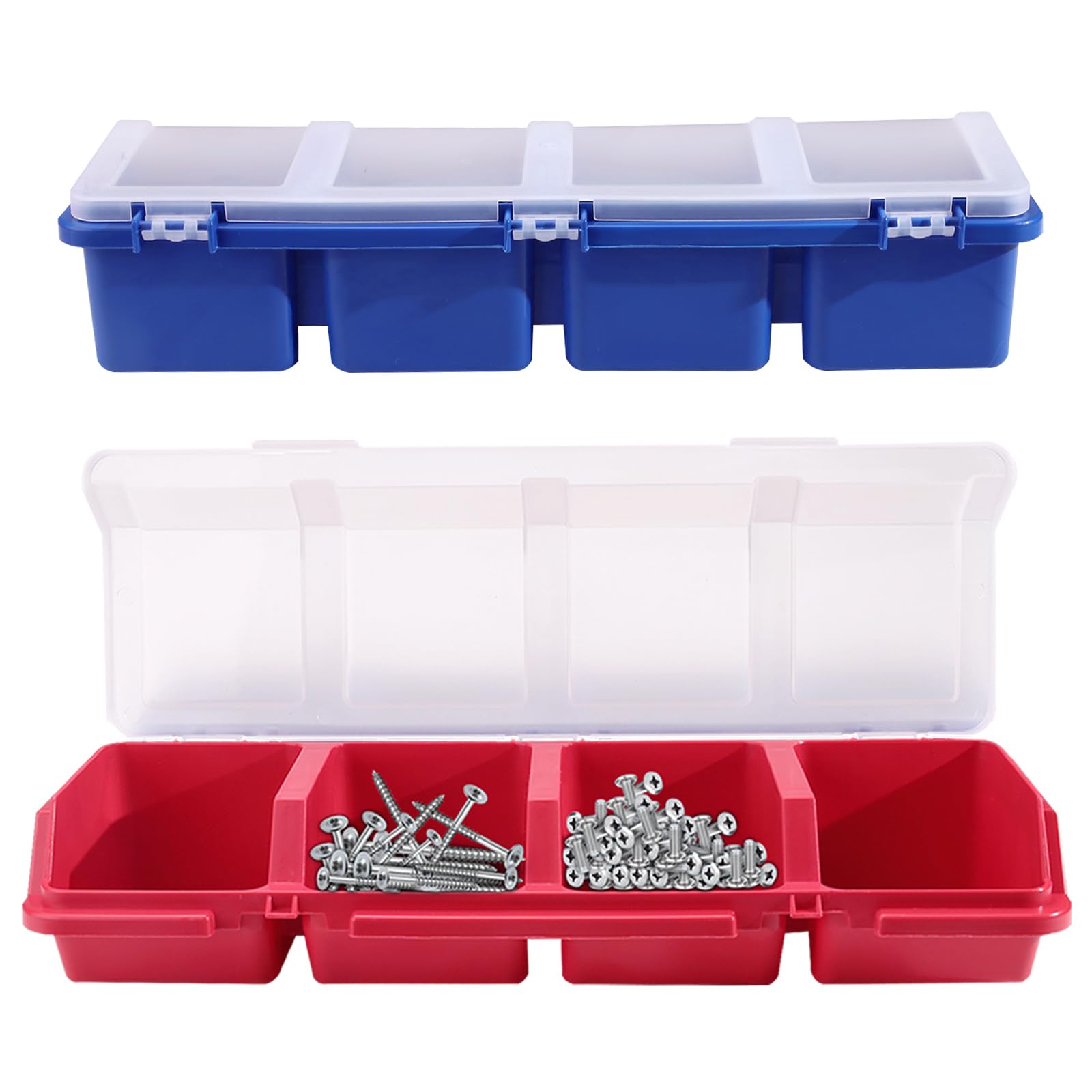 Thatyro 2 Pack Screw Organizer Box, 4 Compartments Bolt Bin with Lid, Stackable Hardware Storage Case for Garage Organization Parts Nail Workbench (Blue, Red) (2)