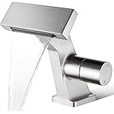 BAKALA Bathroom Sink Faucets Brushed Nickel, Waterfall Bathroom Faucet 1 Hole, Single Handle Brass Bathroom Faucet Deck Mount with 2 Supply Hoses for Basin Lavatory Vanity