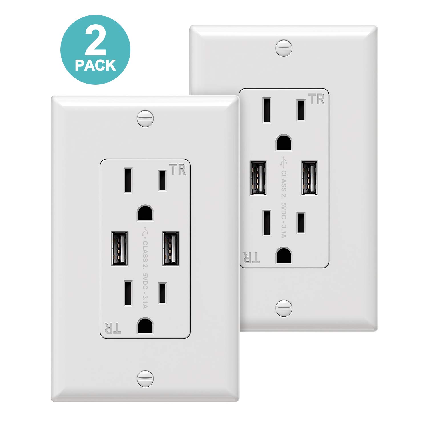 USB Wall Outlet 3.1A Dual High Speed USB Charger Electrical Outlet 15A/125V Receptacle 2Pack White Wall Plate, Screw Include