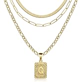Honsny 3 PCS Gold Layered Necklace Set for Women Gold Filled Dainty Paperclip Snake Choker Figaro Chain Layering Necklaces Jewelry Gifts Square Pendant Letter A-Z