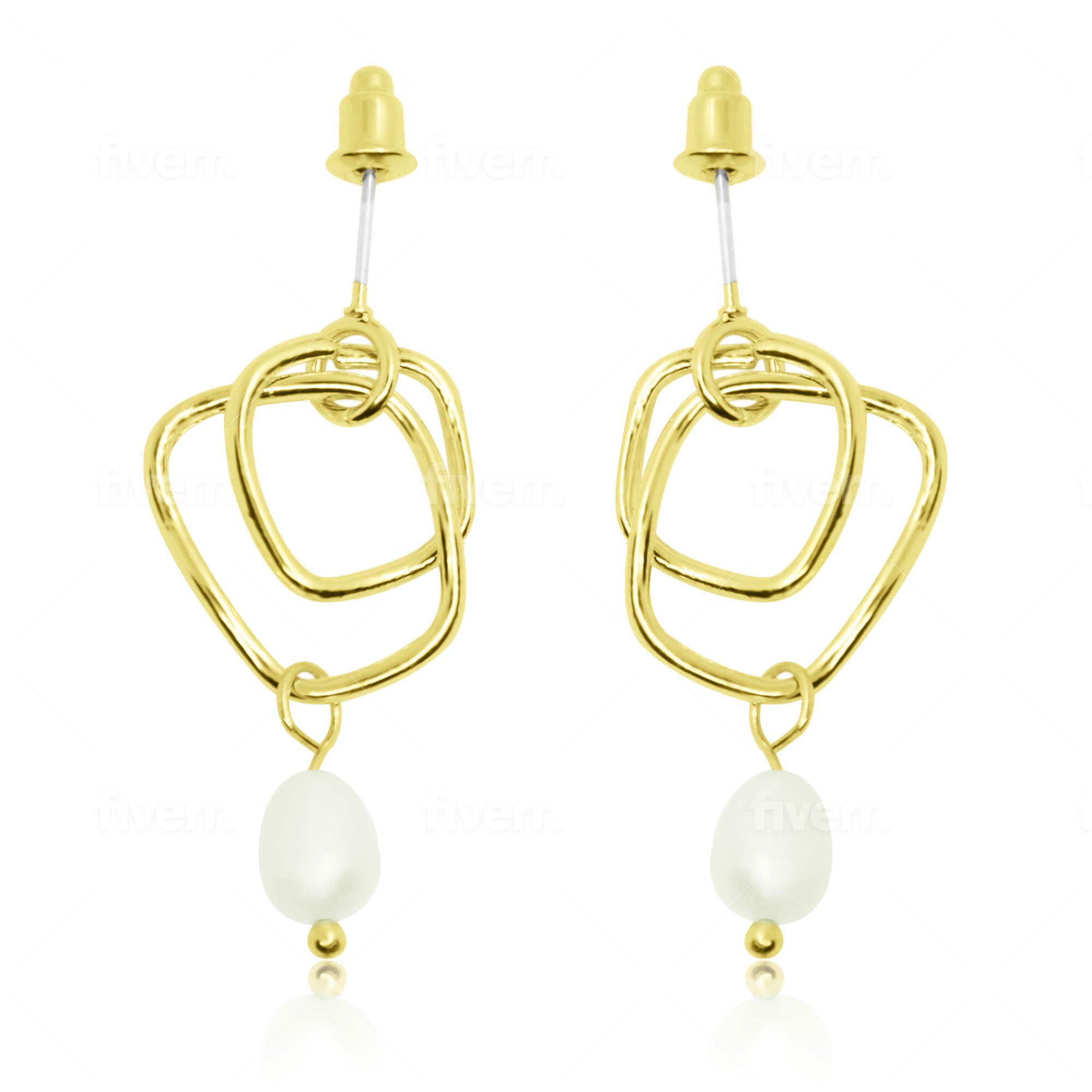 Pearls of Eden - Womans White Pearl and Brass Earrings - Real Freshwater Pearls Round - Modern Design - Elegant Jewelry Box Included