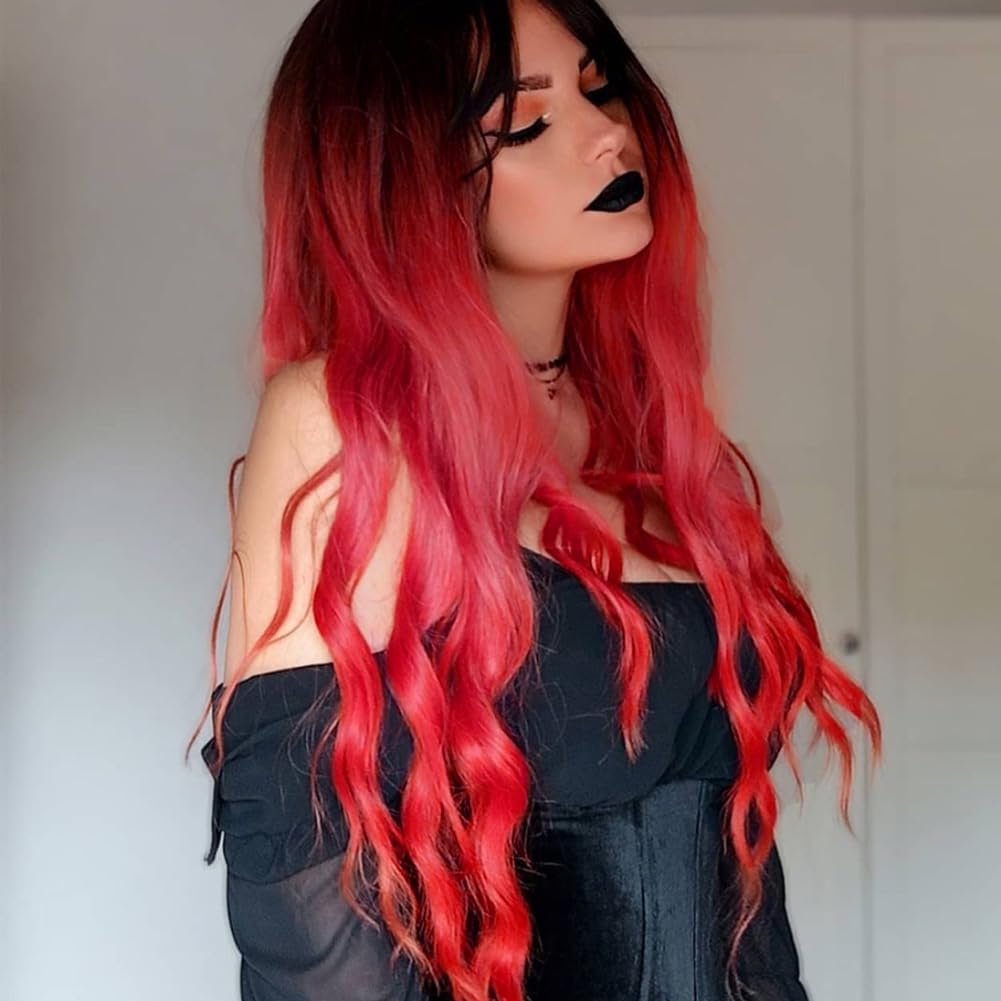 AFBeauty Red Lace Front Wig for Women Long Wavy Omber Red with Dark Root Free Part Wig Heat Resistance Synthetic Soft Wigs Cosplay Drag Queen 24’’
