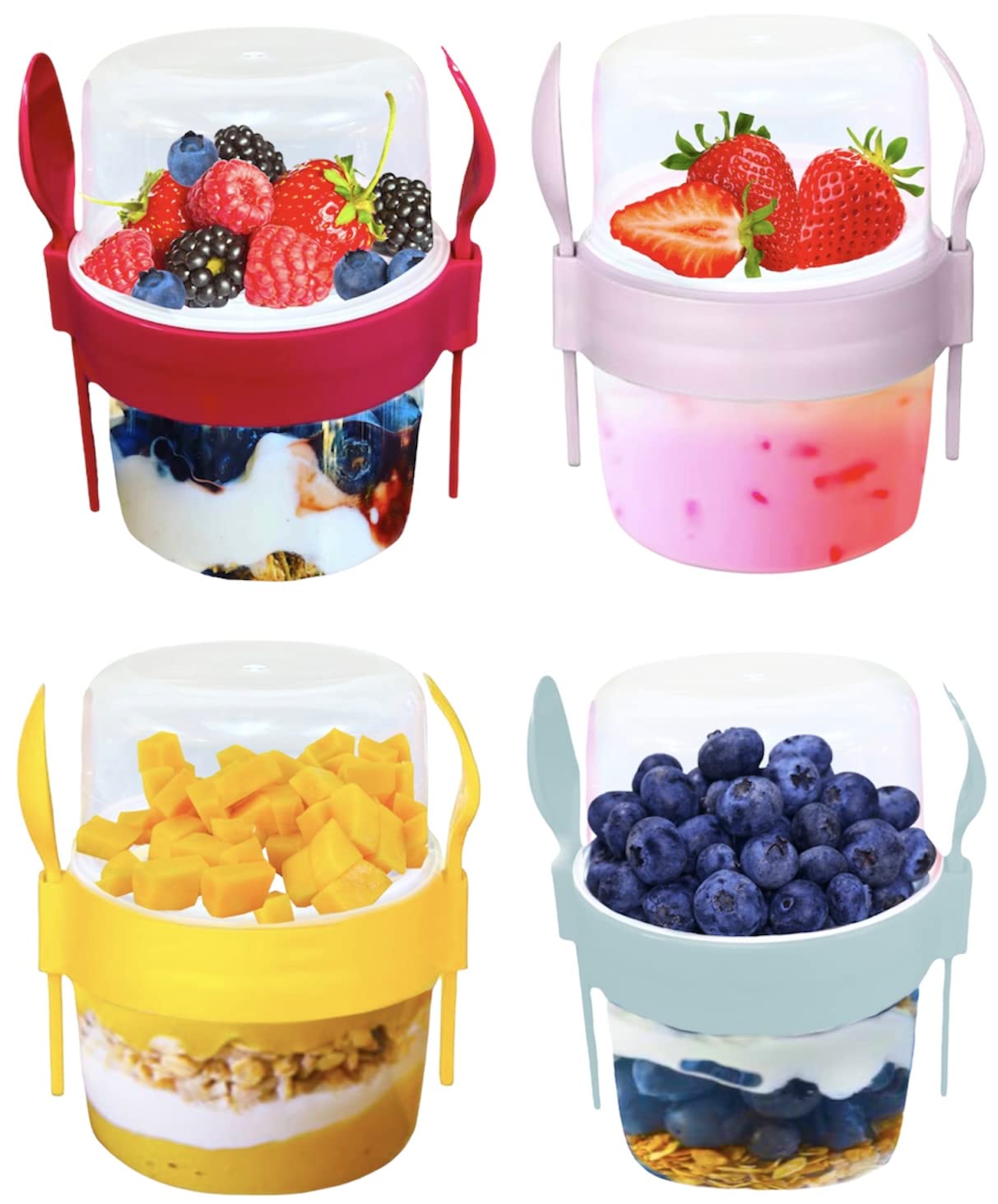 VL 4PCs Yogurt Pots Reusable 500ml Overnight Oats Container with Spoon & Fork BPA free Breakfast Pots to GO Cereal On the Go Dishwasher Safe Lunch Box Oatmeal Jars Set of 4 (Red, Pink, Grey, Yellow)
