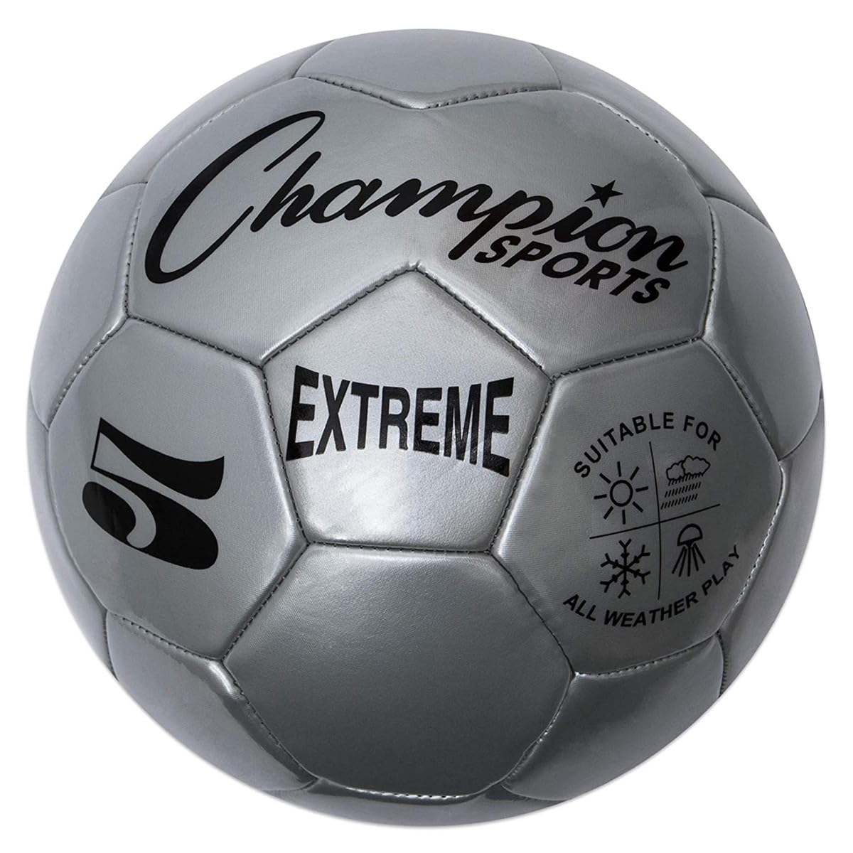Champion Sports Extreme Series Soccer Ball Regulation Size 5 - Collegiate, Professional, and League Standard Kick Balls - All Weather, Soft Touch, Maximum Air Retention - For Adults, Teenagers, Silver