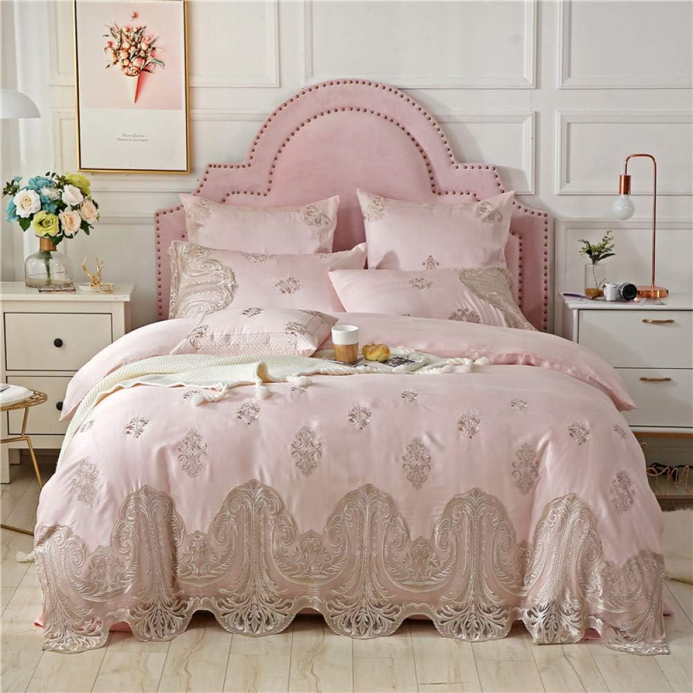 HIUGHJ Quilt cover Pink Princess Silver lace Embroidery 80S Tencel Bedding set Duvet Cover Bed Linen Bed sheet Pillowcases King Queen SizeFree shipping200 x 230cm(79 x 91inches) 220 x 240cm(8