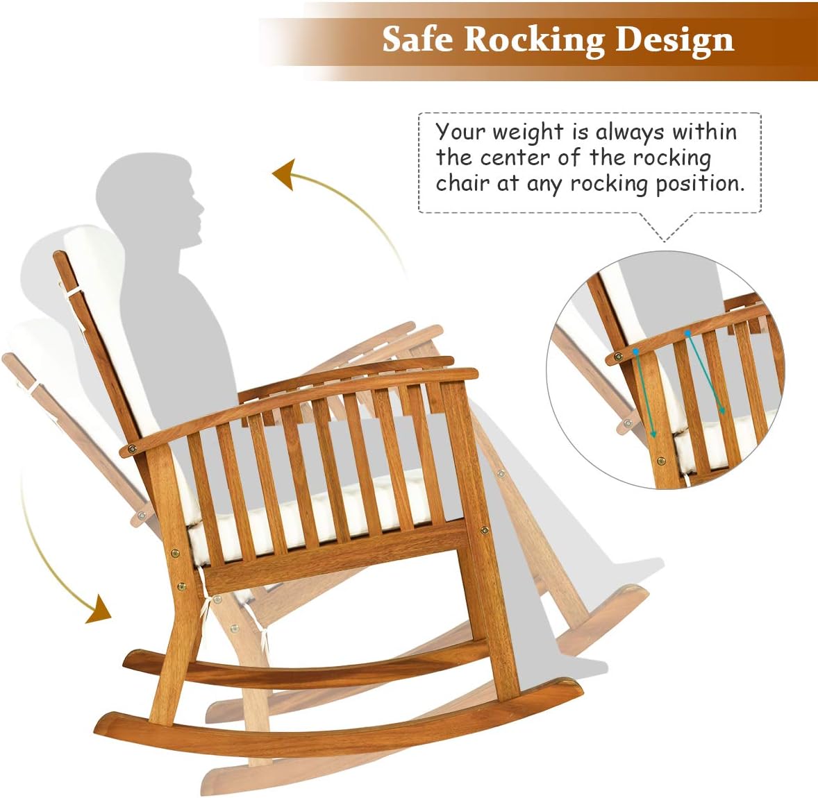 Tangkula Outdoor Acacia Wood Rocking Chair, Wooden Rocker w/Detachable Washable Cushions, Rocker for Porch Garden Patio Balcony Pool Indoor (1, Teak) : Garden & Outdoor