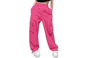 Cromoncent Girls&Womens High Waist Parachute Pants Y2K Cargo Trousers with Pockets 6 Years-Women 2XL