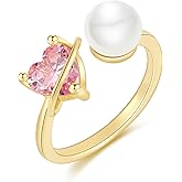 LOOYUUPEE 14k Gold Plated Freshwater Pink Heart Shape Pearl Ring, Handmade Adjustable Open Ring for Comfortable Fit Gift Idea for Women & Teen Girls