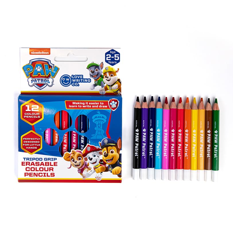 Love Writing Co. The PAW Patrol Tripod Grip Erasable Color Pencils for Children | Age 2, 3, 4, 5 | Ergonomic Design for Improved Writing Ability, Pencil Control, & Fine Motor Skills | Pack of 12