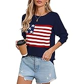 Allifewithu Women's Lightweight Thin Knit Sweater Long Sleeve Crew Neck American Flag Pullover Sweaters