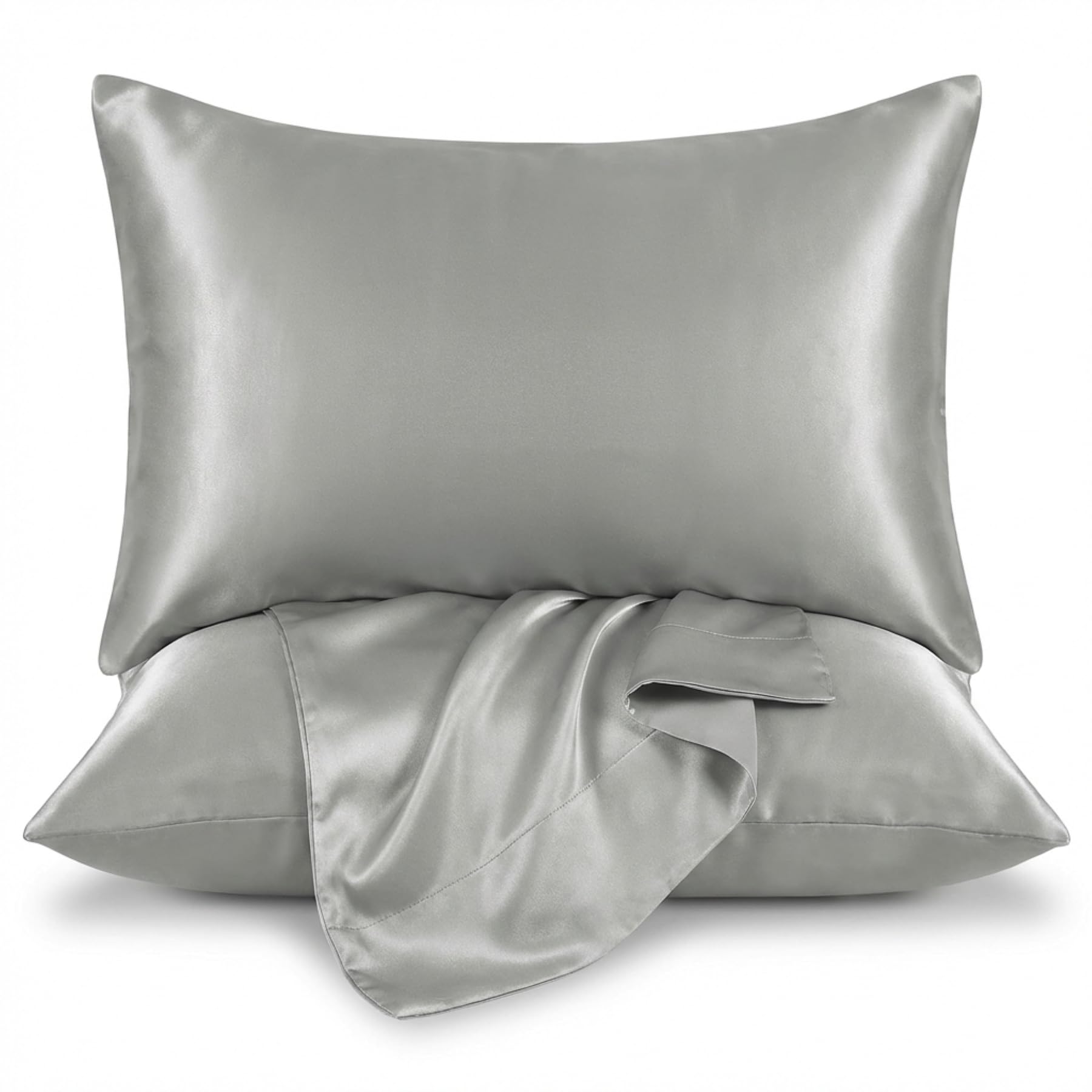 Moonlight Bedding Satin Grey Cooling Pillow Cases 2 Pack -Soft as Silk Pillowcases for Hair and Skin with Envelope Closure Standard Size Silky Pillow Covers (50x75cm)