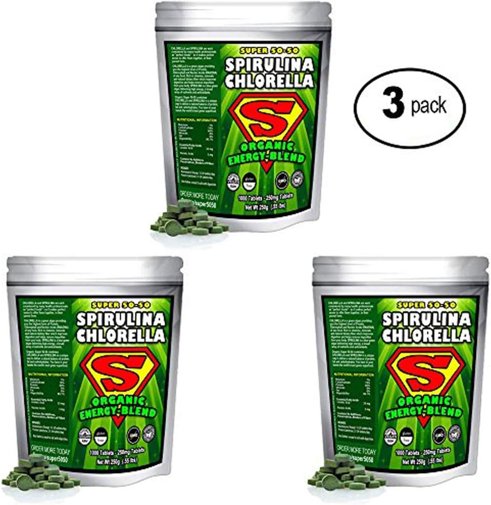 Spirulina Chlorella Super 50-50 Energy-Blend (Super-Pack 1,000 Tablets). Raw Organic Gluten-Free Non-GMO Green Superfood. High Protein, Chlorophyll & nucleic acids. No preservatives. (3 Pack)