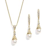 Lavencious Oval Dangle Pearl Jewelry Set | Cream Pearl Necklace & Earrings With CZ Stones | Gold Or Silver Plated - View #2
