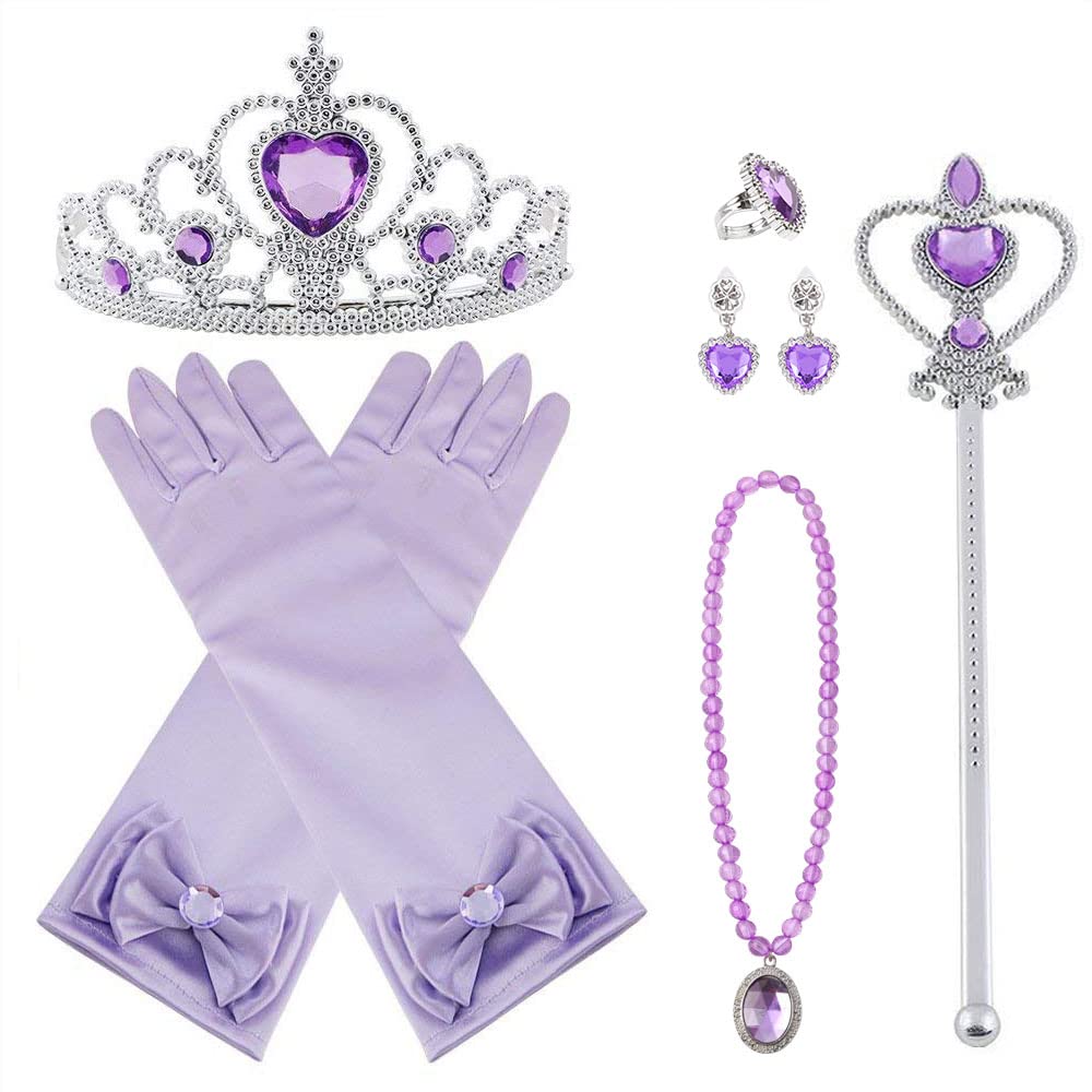 Vicloon Elsa Dress Up Accessories Set of 9, Elsa Gloves, Princess Crown, Ring, Earring, Magic Wand and Necklace (Purple)