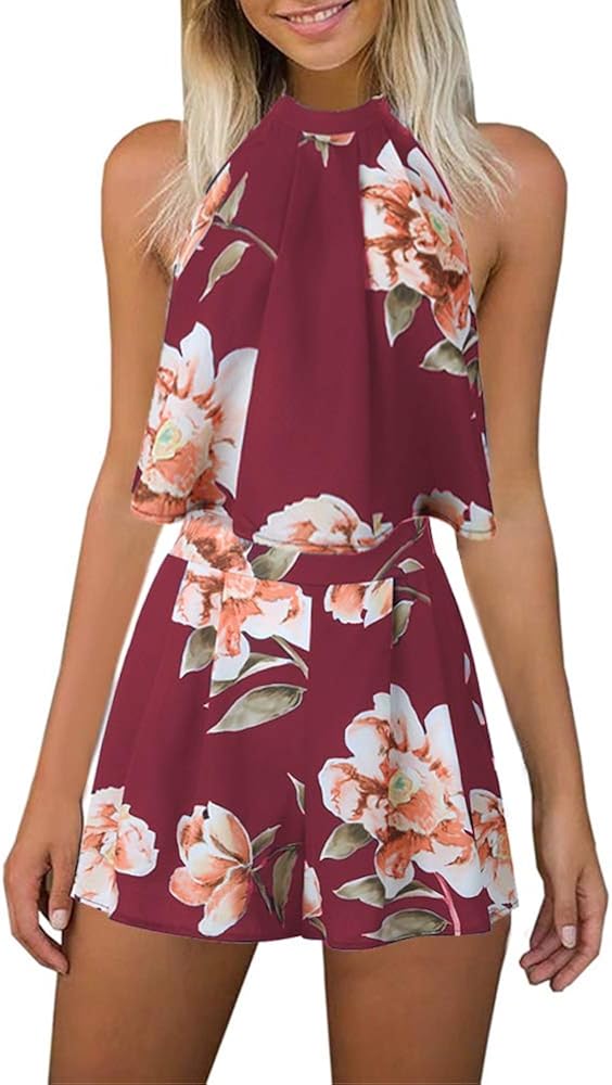 Women's Floral Printed Summer Dress Romper Boho Playsuit Jumpsuits Beach 2 Piece Outfits Top with Shorts