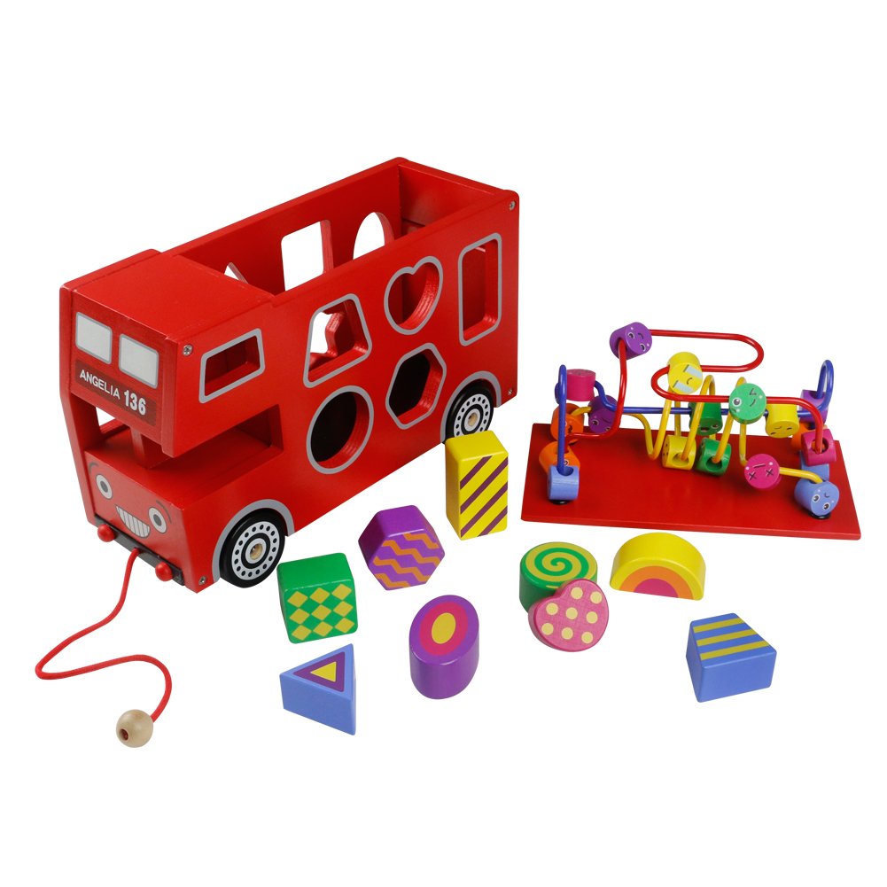 Akokie Roter Bus Spielzeug Modell, Bus Holz Form Sorter, Holzformen Geometrisch für Kinder im Alter von 3 4 5 6 , MEHRWEG