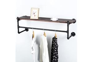 HAOVON Industrial Pipe Clothing Rack Wall Mounted Wood Shelf,Pipe Shelving Floating Shelves,Retail Garment Rack Display Rack Clothes Racks(1 Tier,42in)