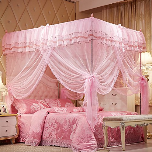 Mosquito Net Bed Canopy-Lace Luxury 4 Corner Square Princess Fly Screen, Indoor Outdoor(Pink, California King)