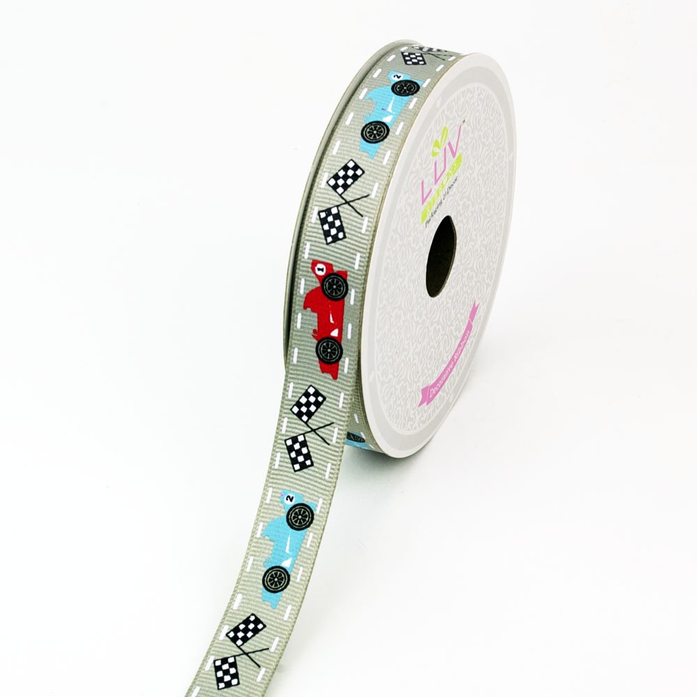 LUV Ribbons Grosgrain Race Car Print Ribbon, 5/8Inch, Silver