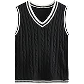 OYOANGLE Men's Cable Knit Sweater Vest Preppy Style Striped Trim V Neck Sleeveless Sweater Tops