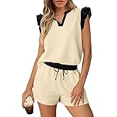 MEROKEETY Women's Summer Two Piece Short Sets Ruffle Sleeve V Neck Cute Tops Matching Lounge Outfits