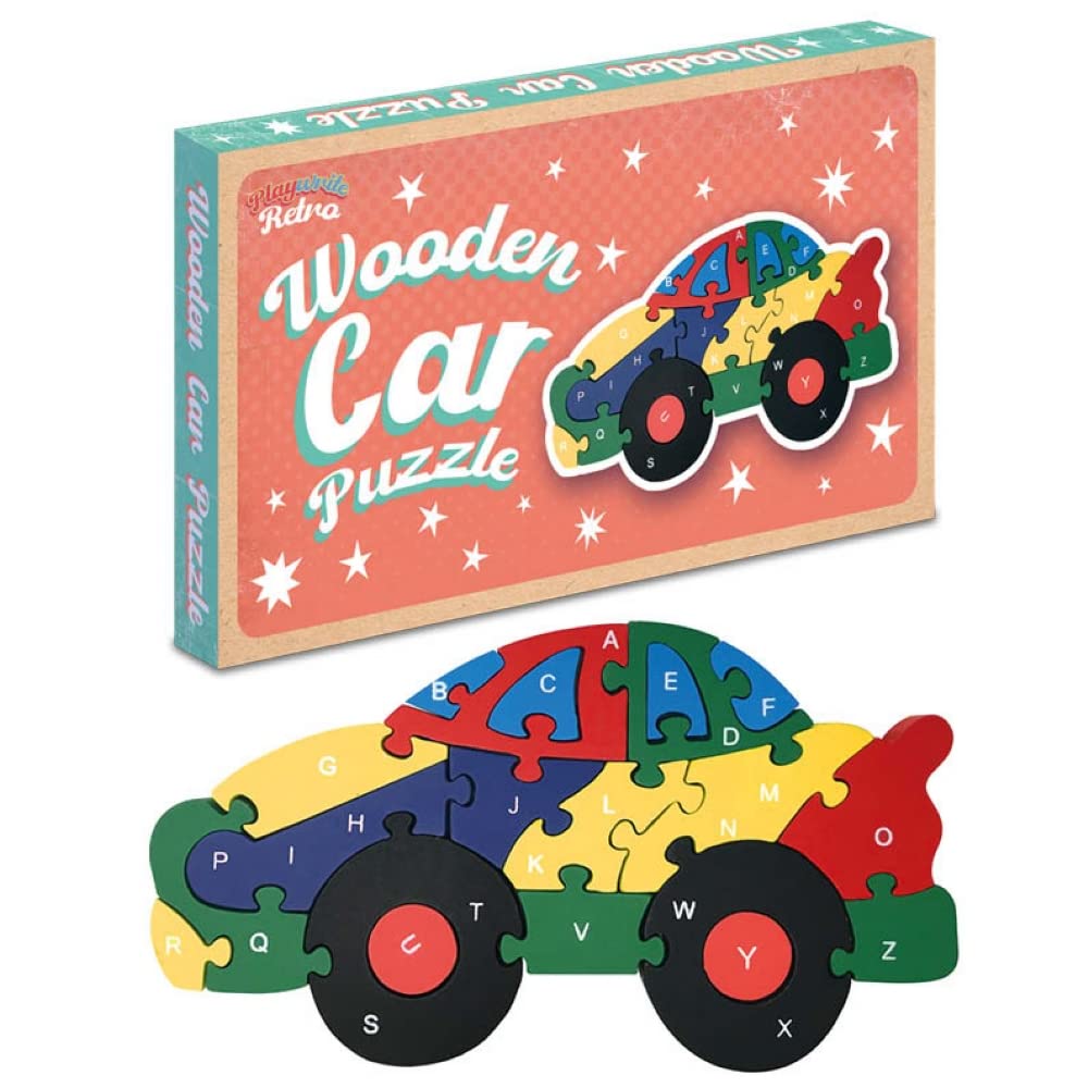 Playwrite Wooden Jigsaw Car Puzzle for Toddlers Kids 3 4 year old - 26 Piece Alphabet Puzzle Early Learning Educational Wooden Toys Gifts for Children
