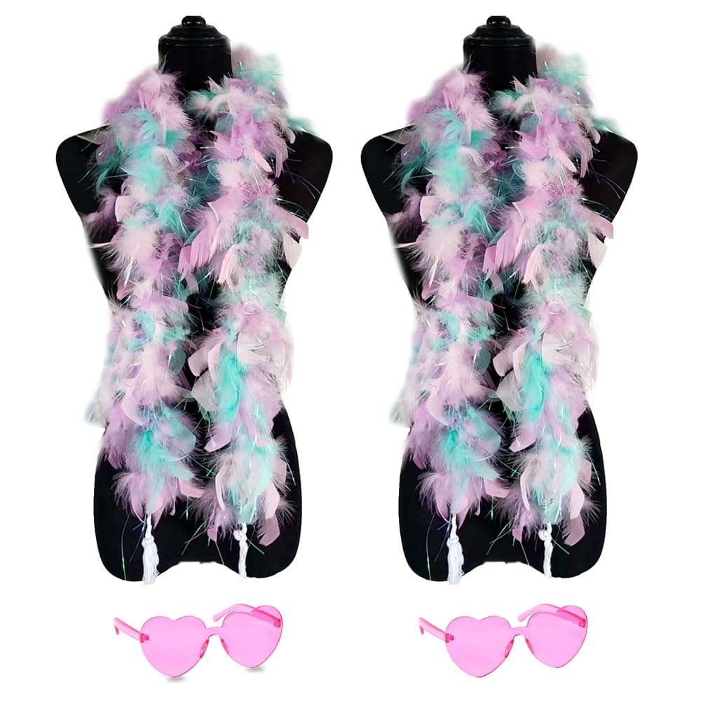 db11 2 Pcs Feather Boas with Heart Rimless Sunglasses，4 ft Feather Boa Halloween Christmas Bachelor Party Pack Accessory (Colorful)