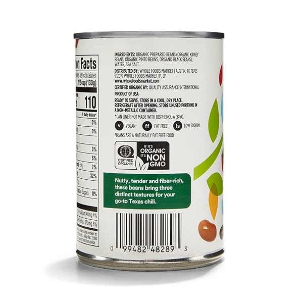 365 BY WHOLE FOODS MARKET, ORGANIC BEAN TRIO (KIDNEY, PINTO, & BLACK BEANS), 15 OUNCE