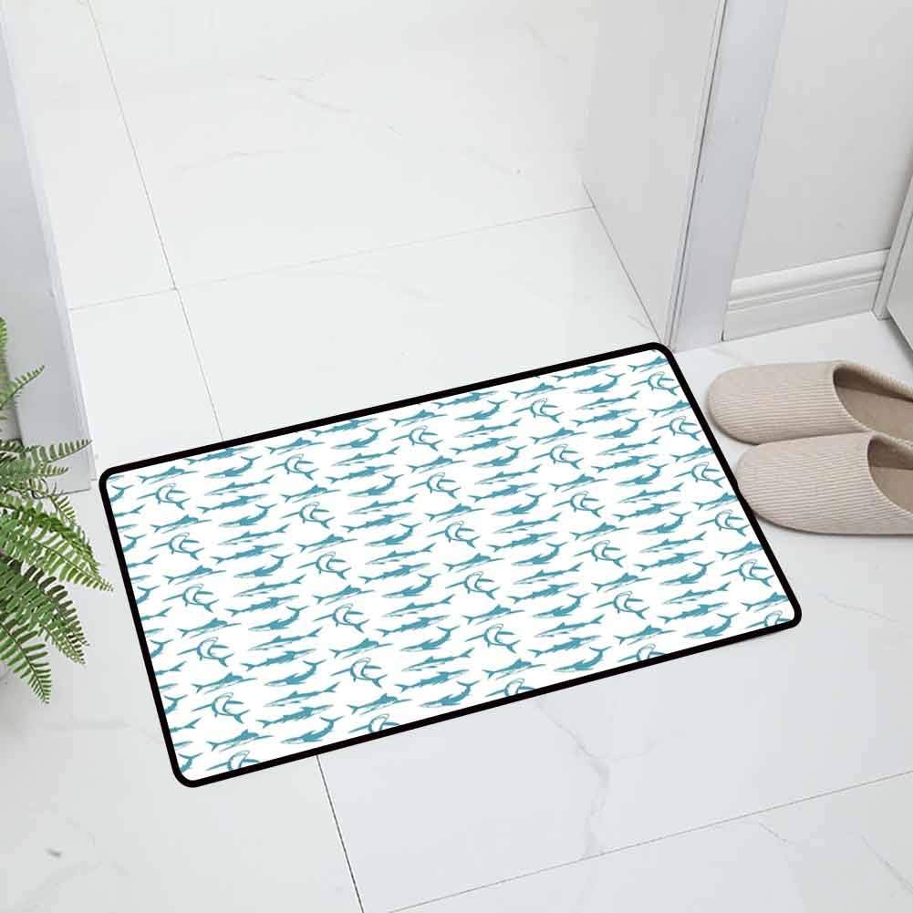 Shark Indoor Outdoor Decorative Floor Mat All Weather Door Mats Scary Predators of The Seas Blue Fishes with Fins and Sharp Teeth Marine Cartoon Easy to Clean, 47 x 31.5 inch Blue White