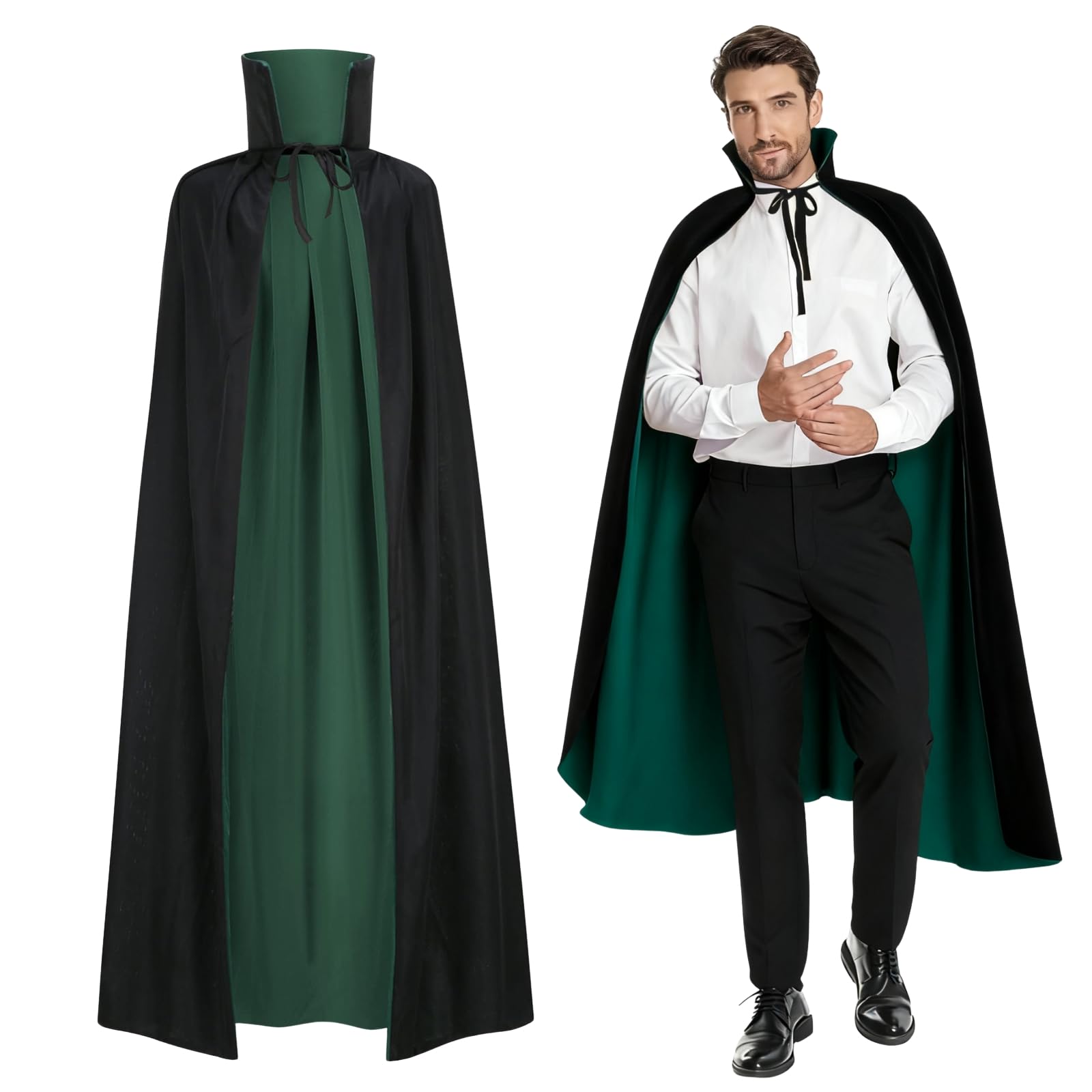 maxToonrain Reversible Black & Green Cape for Adults, Halloween Christmas Easter Cloak Fancy Dress Vampire Witch Wizard Role Play for World Book Day (170CM,Stand Collar)
