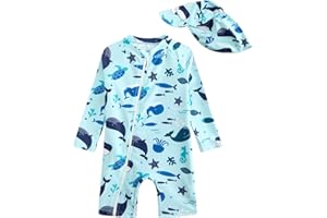 JiAmy Toddler Baby Boy Swimsuit with Sun Hat Long Sleeve Zipper Rash Guard Sun Protection Beach One Piece Bathing Suit