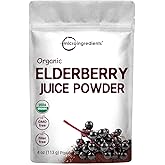 Organic Elderberry Juice Powder, 4oz | 100% Natural Fruit Powder | Cold Pressed European Elderberries | No Sugar & Additives | Great Flavor for Drinks, Smoothie, & Beverages | Non-GMO & Vegan
