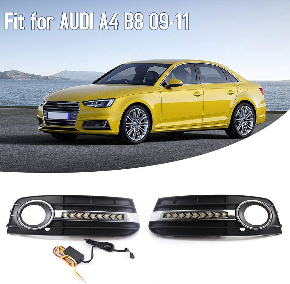 VISLONE Car Grilles with DRL Daytime LED Strip Front Bumper Fog Light Grilles Led Turn Signal L & R Mesh Grille Fit for Audi A4 B8 09-11 (Normal)
