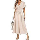 Simplee Women's Summer Flowy Midi Dress Casual V Neck Short Sleeve Empire Waist Boho Beach Wedding Guest Dresses
