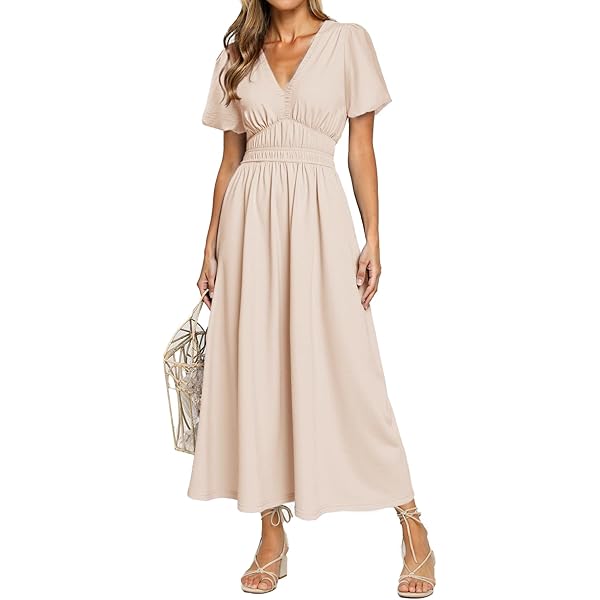 midi dress wedding guest summer Simplee Women's Summer Flowy Midi Dress Casual V Neck Short Sleeve Empire  Waist Boho Beach Dress Wedding Guest Maxi Dresses Apricot,S at Amazon  Women's Clothing store