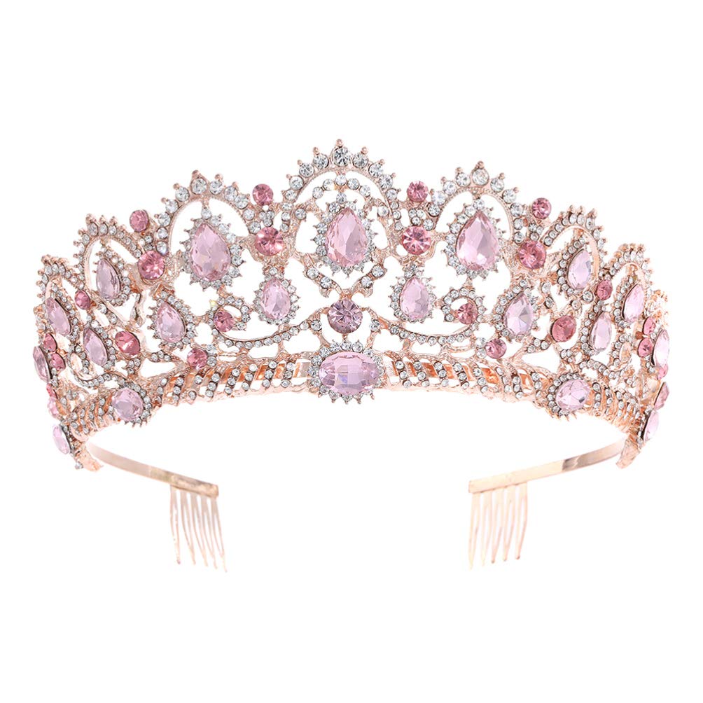 Lurrose Bridal Crown Sparkle Rhinestone Queen Tiara Vintage Crystal Princess Crown with Side Comb for Wedding (Rose Gold and Pink)