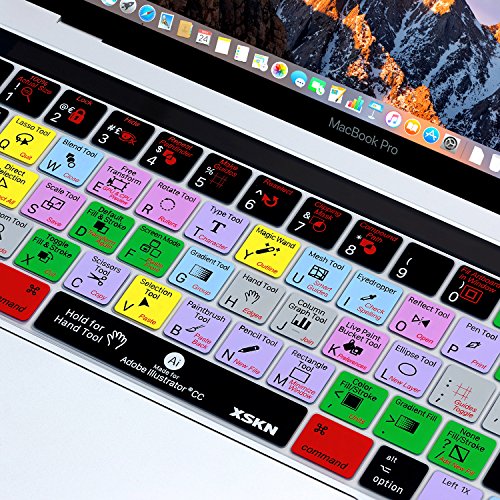 XSKN Adobe Illustrator CC English Shortcut AI Functional Hotkey Design Silicone Keyboard Skin Cover for 2016 Touch Bar MacBook Pro 13 (A1706) & MacBook Pro 15 (A1707), US EU Layout