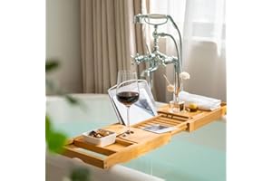 Bamboo Bathtub Caddy Tray, Bath Tub Tray with 12-in-1 Features Adjustable Bathtub Table, Non-Slip and Holds Books/Tablets/Cel