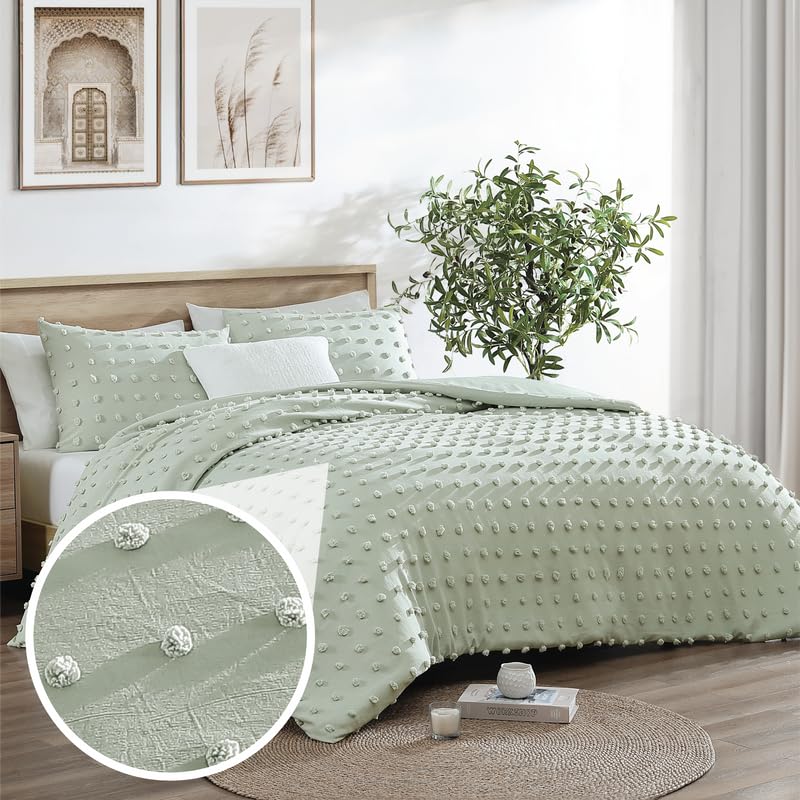 Swift Home Full/Queen Sage Comforter Set - Decorative Tufted Pom Poms Bedding Set - 3 Pieces Bed Linen, 1 Comforter and 2 Pillow Shams Image