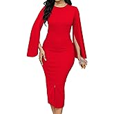 Women Church Dresses Bodycon Work Dress Bell Long Sleeve Round Neck Business Pencil Dresses