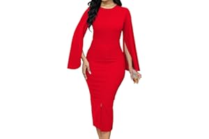 CUTECHERRY Women Church Dresses Bodycon Work Dress Bell Long Sleeve Round Neck Business Pencil Dresses