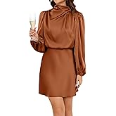 ZTMZA Cocktail Dresses for Women Long Sleeve Satin Short Formal Dress Elegant Mock Neck Silk Wedding Party Mini Dresses