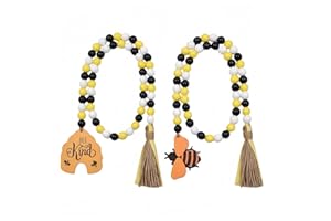 2 Pcs Honey Bee Wood Bead Garland Rustic Farmhouse Tiered Tray Decor with Tassels, Honeycomb Pendant - Yellow Black Prayer Be
